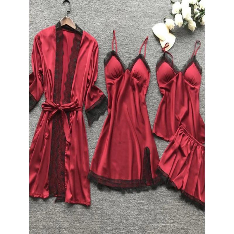 4-teiliges Nachtwäsche-Pyjama-Set aus Seide für Damen, Nachthemd, Spitzenkleid, Bademantel, Schlafanzug, Nachtwäsche aus Seide, einfarbig, Pijama-Sets M rot von Joom DACH
