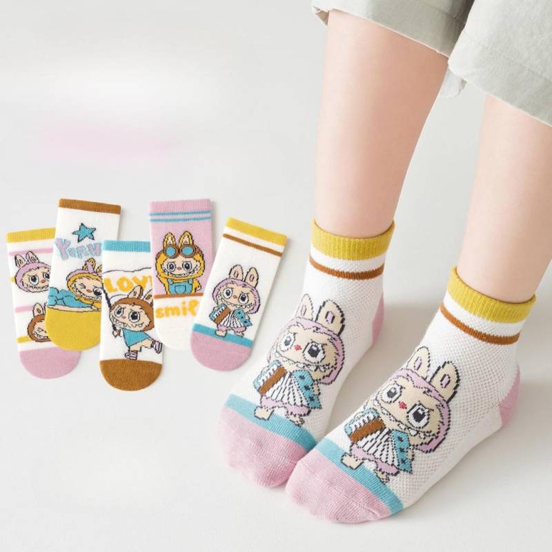 5 Paar Labubu Kindersocken, Mädchen-Baumwollsocken, Dünne und niedliche Cartoon-Atmungsaktive Socken für Frühling und Sommer 5Pairs（6-8 years old） von Joom DACH
