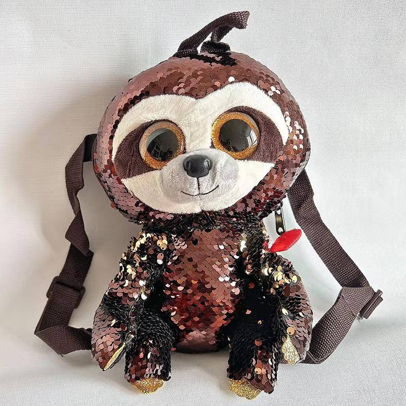 5 Stück/Los Plüsch Rucksäcke mit großen Augen und reversiblen Pailletten, niedlicher Tierstil, braunes Faultier-Anhängsel, Weihnachtsgeschenke für Kinder von Joom DACH