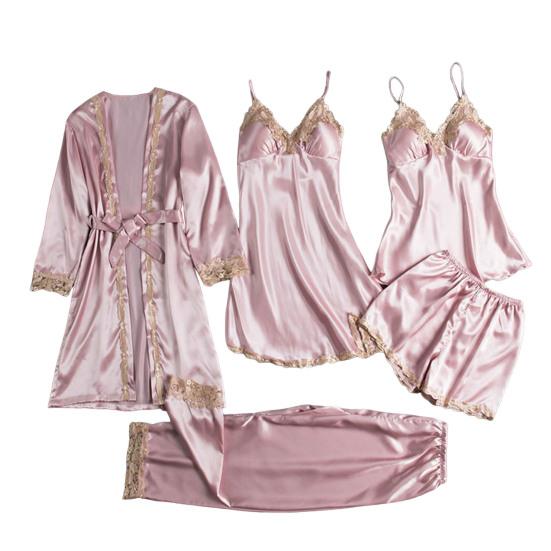 5 Stück/Set Damen Pyjama Set Nachthemd Nachtkleid Oberteil Shorts Hose Set Seidig M rosa von Joom DACH