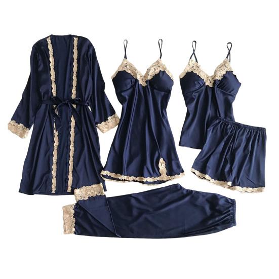5 Stück/Set Damen Pyjama Set Nachthemd Nachtkleid Oberteil Shorts Hose Set Seidig XXL navy blau von Joom DACH