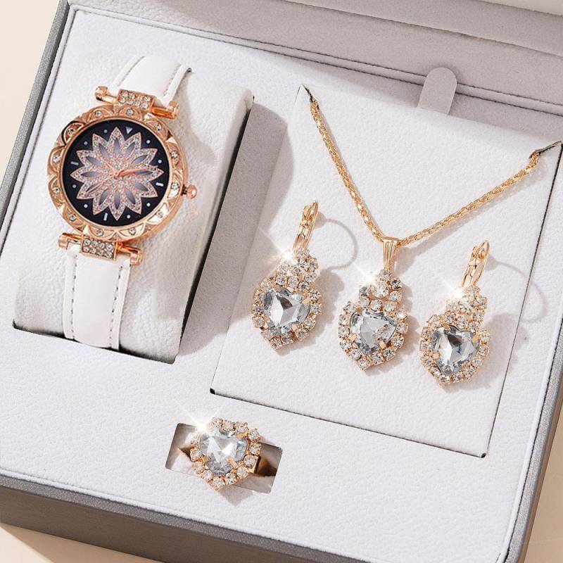 5 stücke Set Uhren Frauen Leder Band Damen Uhr Einfache Casual frauen Armbanduhr Armband Geschenk Montre Femme(Kein Kasten) Heart Style weiß von Joom DACH