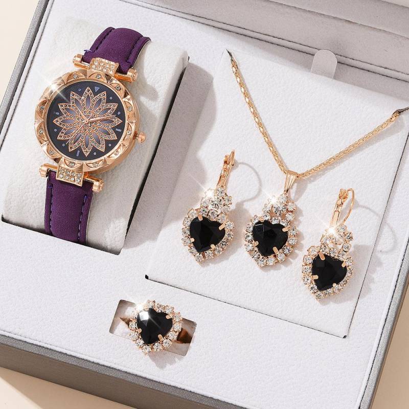 5 stücke Set Uhren Frauen Leder Band Damen Uhr Einfache Casual frauen Armbanduhr Armband Geschenk Montre Femme(Kein Kasten) Heart Style violett von Joom DACH
