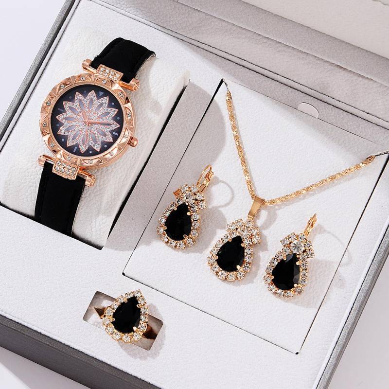 5 stücke Set Uhren Frauen Leder Band Damen Uhr Einfache Casual frauen Armbanduhr Armband Geschenk Montre Femme(Kein Kasten) Teardrop Style schwarz von Joom DACH