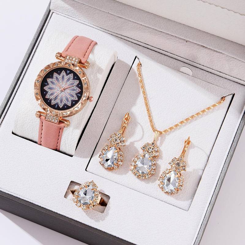 5 stücke Set Uhren Frauen Leder Band Damen Uhr Einfache Casual frauen Armbanduhr Armband Geschenk Montre Femme(Kein Kasten) Teardrop Style rosa von Joom DACH