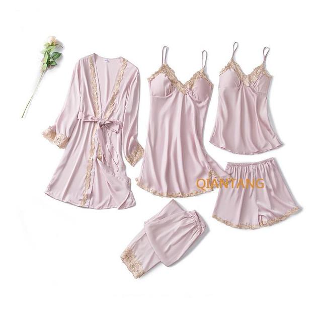5 stücke Spitze Robe Kleid Pyjamas Set Frauen Satin Kimono Bademantel Schlaf Anzug Frühling Nachtwäsche Loungewear Casual Hause Kleidung XL von Joom DACH