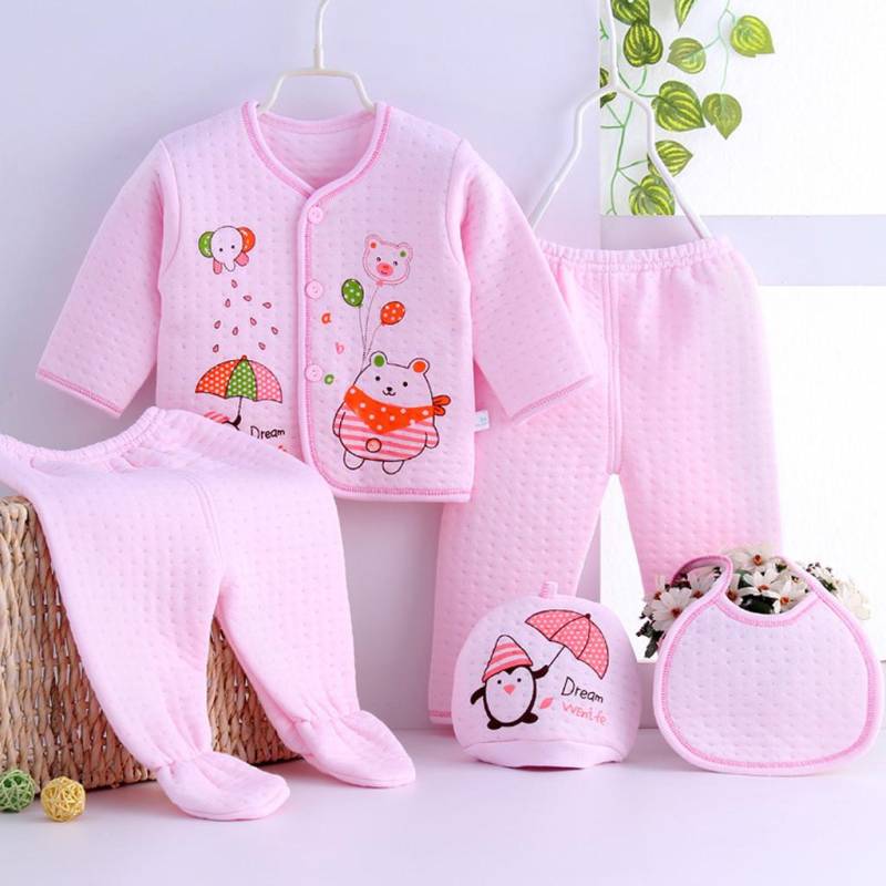 5-teiliges Set für Neugeborene, Jungen, Mädchen, Cartoon-Langarm-Top, Mütze, Hose und Latz rosa von Joom DACH
