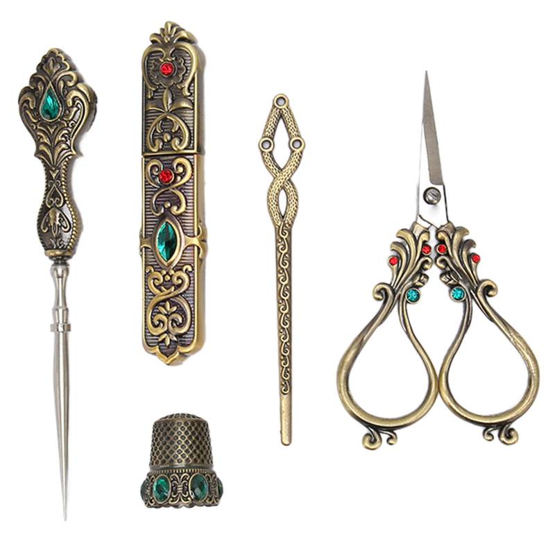 5-teiliges Stickscheren-Set Legierung Vintage Nähset mit Fingerhut Einfädler Nadelbehälter Punsch von Joom DACH