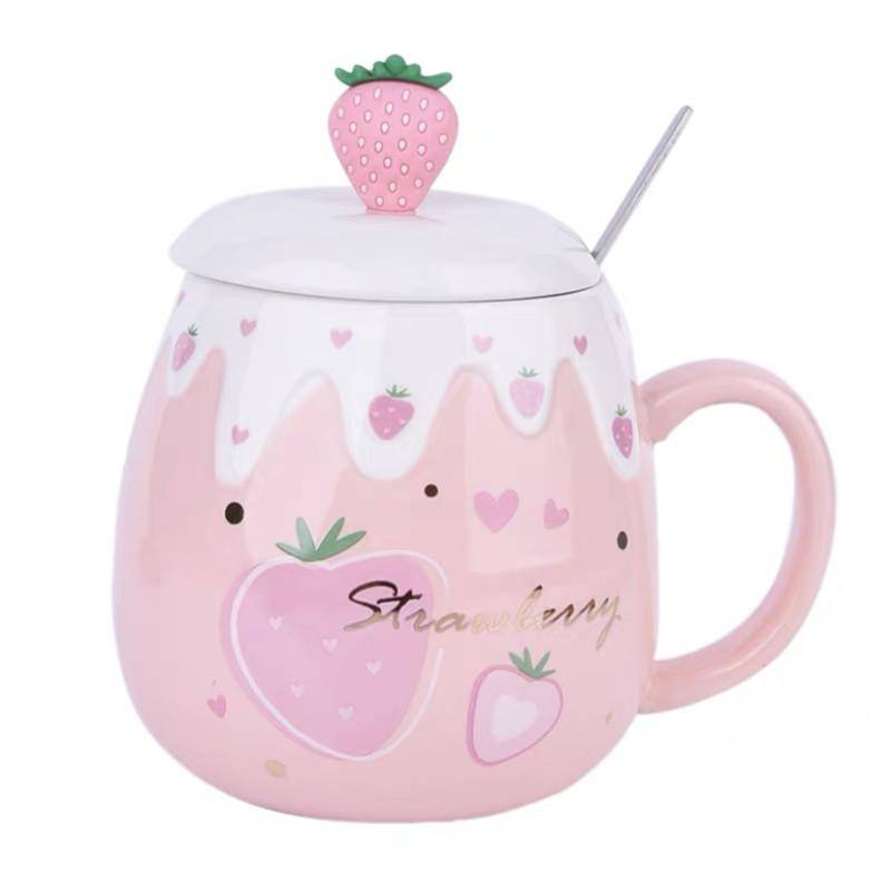 500ml Große Kapazität Keramik Niedliche Erdbeere Kaffeetasse mit Deckel und Löffel Porzellan Frühstück Milch Haferflocken Tasse Trinkgeschirr 301-400ml von Joom DACH