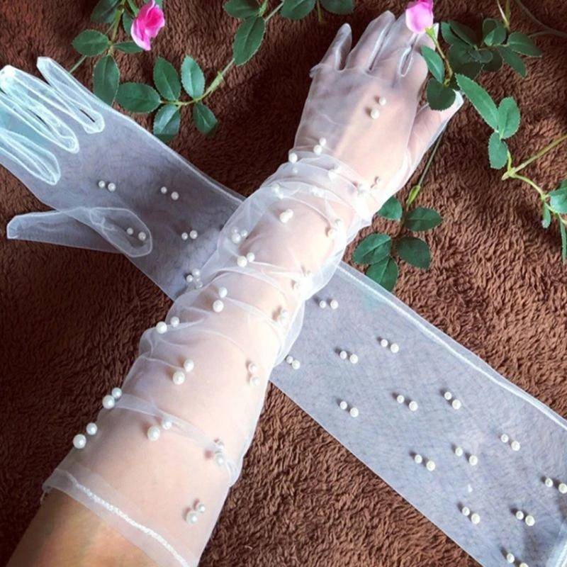 55 cm Transparente Hochzeitshandschuhe Perlen Lange Ellenbogenfäustlinge Mesh Armabdeckungen Frauen Party Brautkleid Zubehör Foto Requisiten weiß von Joom DACH