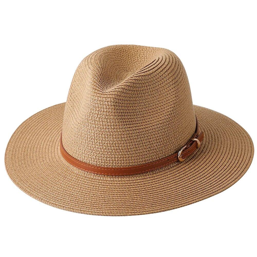 56-58CM Neuer natürlicher Panama-Strohhut mit weicher Form, Sommerhut für Damen/Herren, breite Krempe, Strand-Sonnenkappe, UV-Schutz, Fedora-Hut hellbraun von Joom DACH
