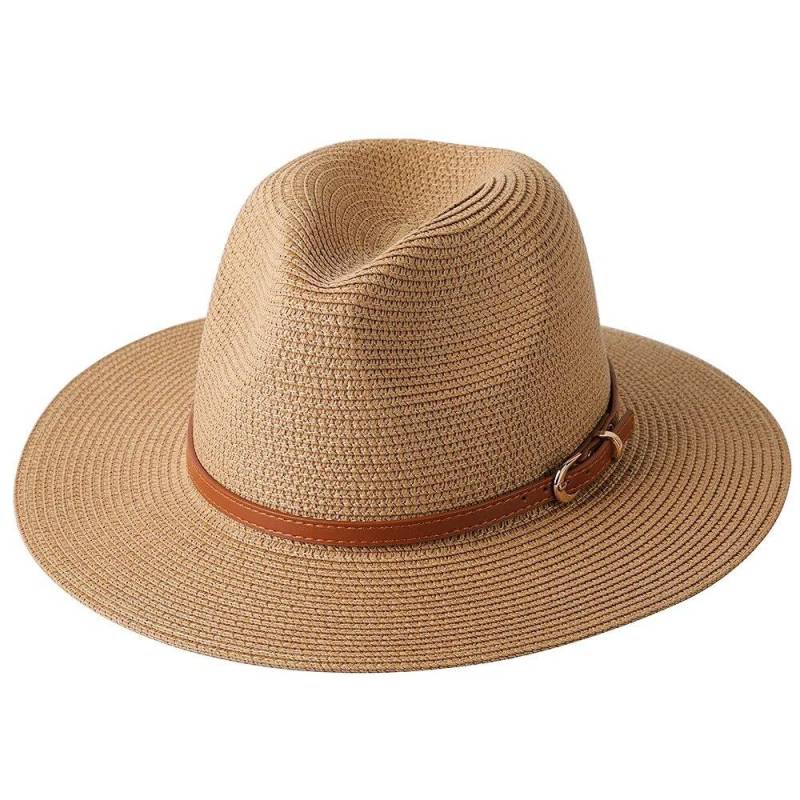 56-58CM Neuer natürlicher Panama-Strohhut mit weicher Form, Sommerhut für Damen/Herren, breite Krempe, Strand-Sonnenkappe, UV-Schutz, Fedora-Hut hellbraun von Joom DACH