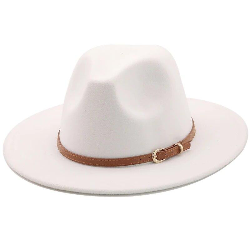56-60 cm Weiß/Schwarz Breite Krempe Fedora-Hut Damen Herren Imitation Wollfilzhüte mit Metallkettendekor Panama Jazz Chapeau Hut 58-61CM weiß von Joom DACH