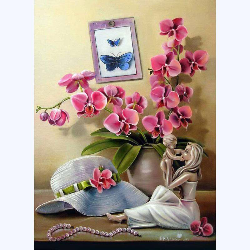 5D-Diamantgemälde zum Selbermachen, Orchidee und Skulptur, Stickerei, vollständiger runder Diamant-Kreuzstich 20X30CM von Joom DACH