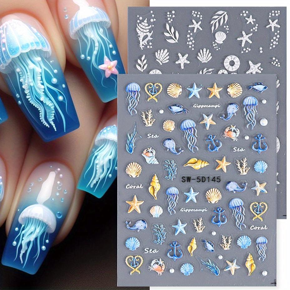 5D Quallen Sommer Strand Nagel Sticker Weiße Muschel Seestern Schraubverschluss Klebeschieber Meerjungfrau Geprägte Aufkleber Maniküre Folien Dekor 3 pcs with a set von Joom DACH