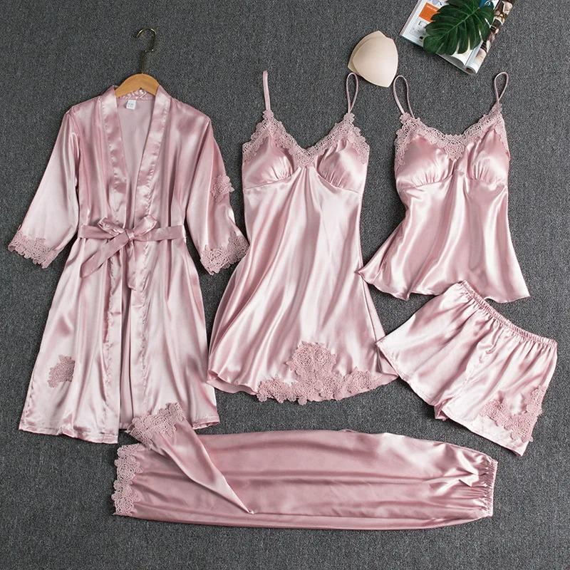 5PC Seide Robe Schlaf Anzug Frauen Spitze Satin Pyjamas Kleid Set V-ausschnitt Cami Nachthemden Tragen Pijama Hause Nachtwäsche frühling Nachthemd S von Joom DACH