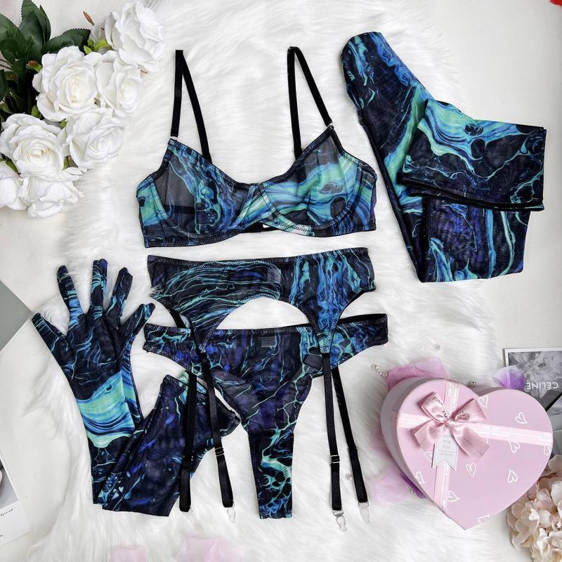 5Pcs Strümpfe Handschuhe Tie Dye Sexy Dessous Set Phantasie Unterwäsche Frauen Intime Mesh Durchsichtig BH Sinnliche Outfits L navy blau von Joom DACH