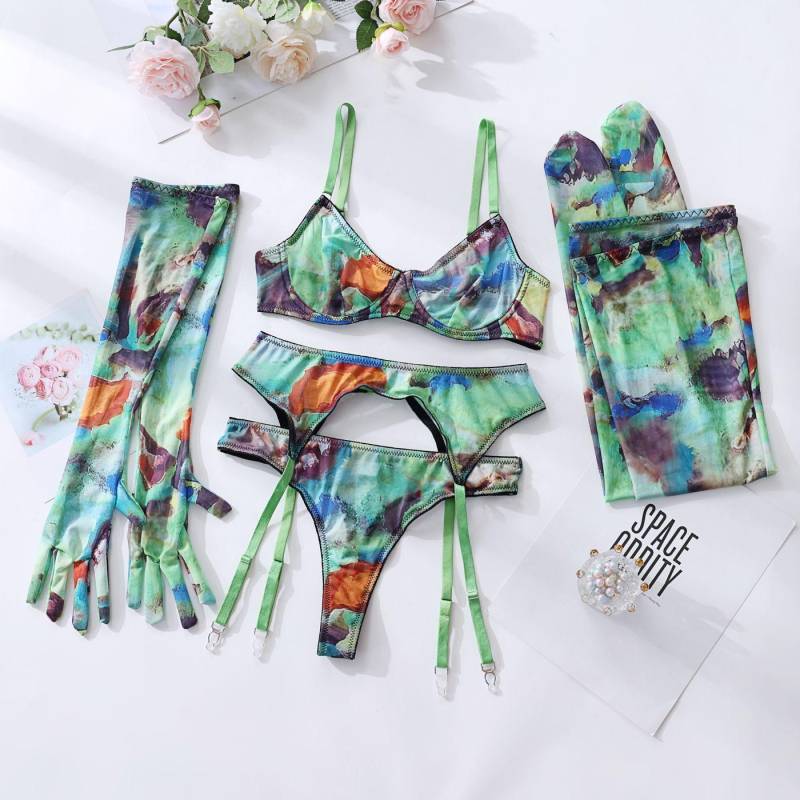 5Pcs Strümpfe Handschuhe Tie Dye Sexy Dessous Set Phantasie Unterwäsche Frauen Intime Mesh Durchsichtig BH Sinnliche Outfits L grün von Joom DACH
