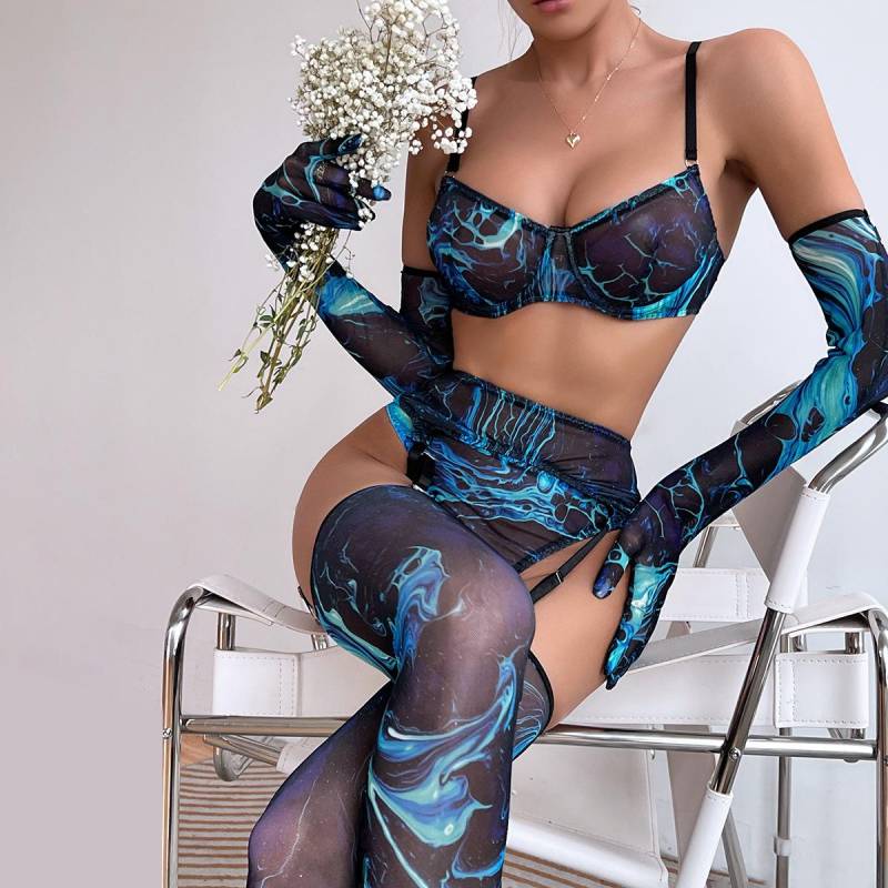 5Pcs Strümpfe Handschuhe Tie Dye Sexy Dessous Set Phantasie Unterwäsche Frauen Intime Mesh Durchsichtig BH Sinnliche Outfits M rot von Joom DACH