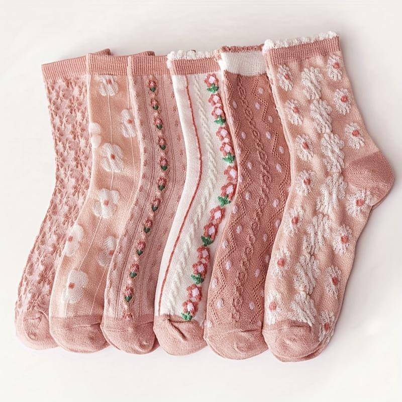 6 Paar Kniestrümpfe für Damen, mit Blumenprägung, Polyester- und Elastan-Mischgewebe, Strickstoff, handwaschbar – süße rosa modische Socken bis zur Mitte der Wade One-size rosa von Joom DACH