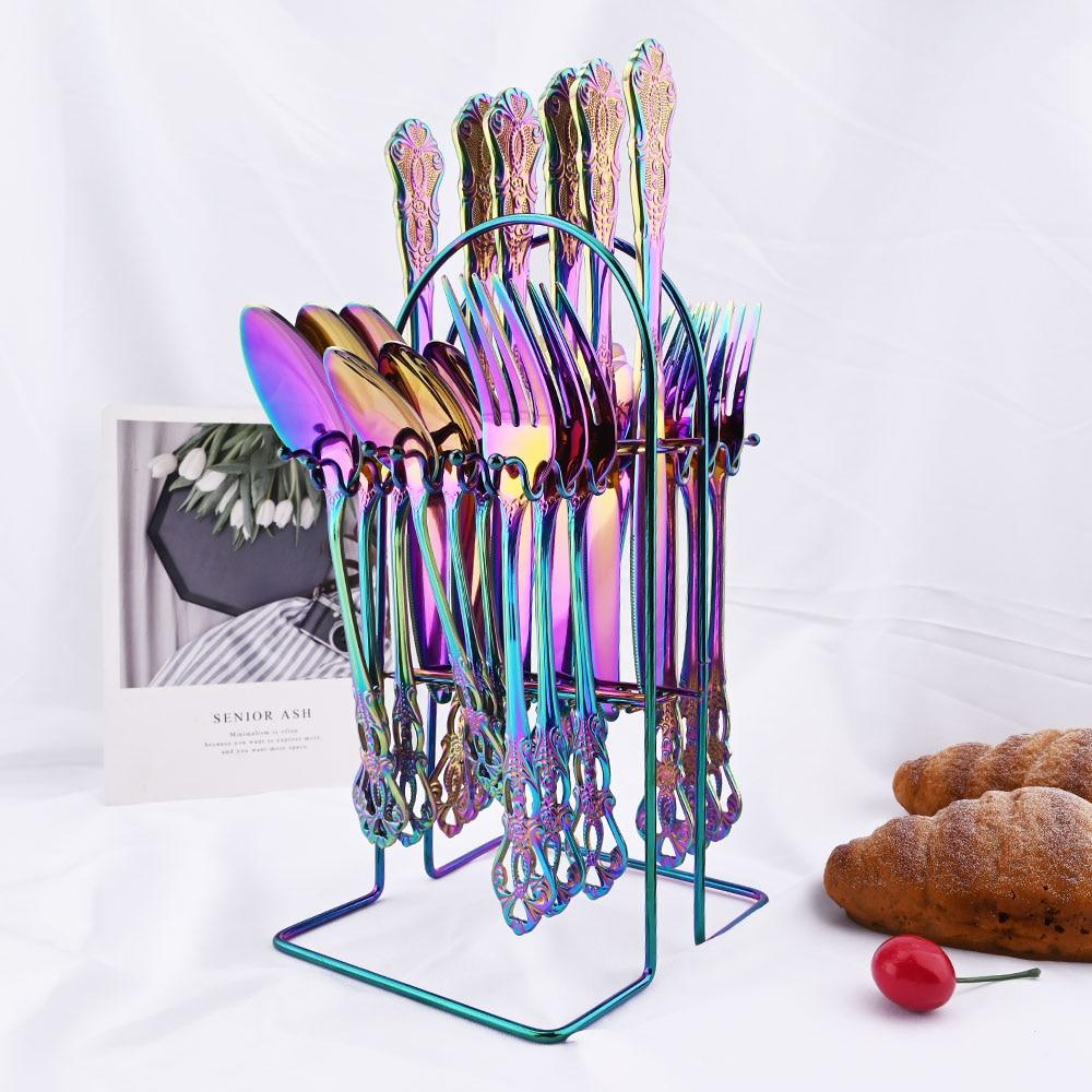 6 Stücke/24 Stücke Regenbogen Westlichen Geschirr Edelstahl Besteck Messer Gabel Kaffeelöffel Geschirr Set Mit Luxus Lagerregal 24pcs + 1pc rack von Joom DACH