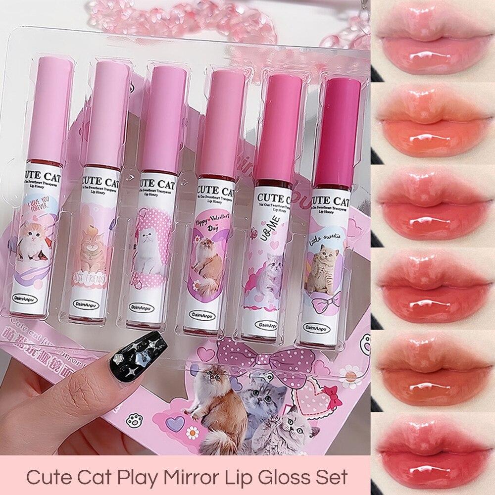 6 Teile/satz Nette Katze Spiegel Lip Glasur 6 Farben Lip Gloss Hoch Pigmentierte Lip Stain Feuchtigkeitsspendende Glossy Lip Make-Up Lippenstift von Joom DACH