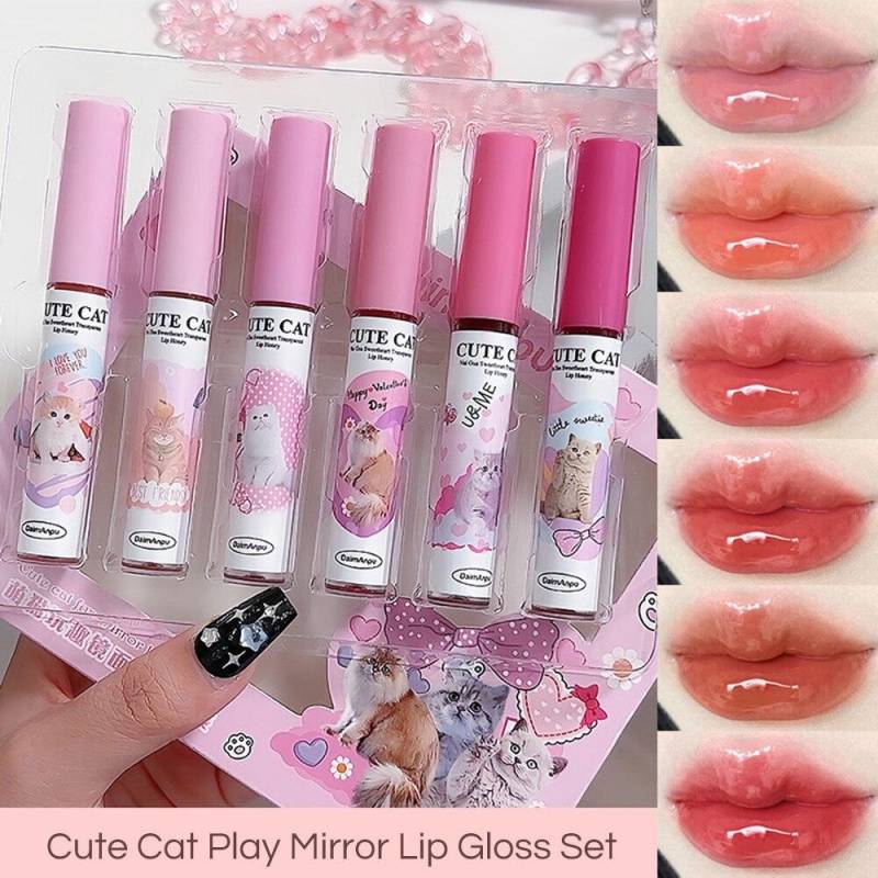 6 Teile/satz Nette Katze Spiegel Lip Glasur 6 Farben Lip Gloss Hoch Pigmentierte Lip Stain Feuchtigkeitsspendende Glossy Lip Make-Up Lippenstift von Joom DACH