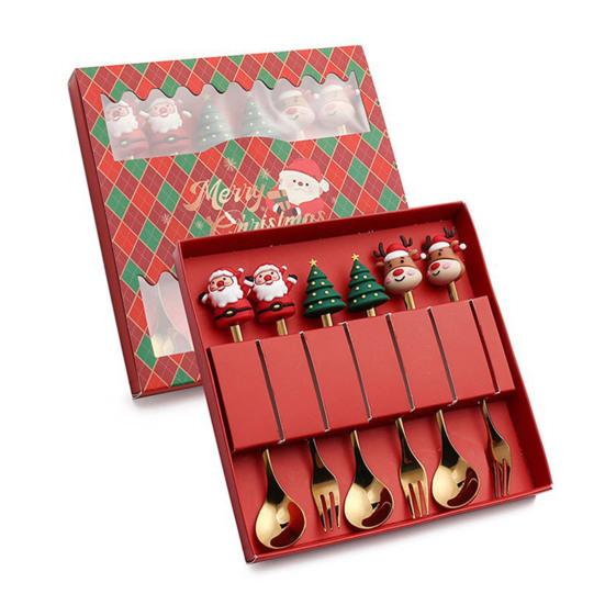 6-teiliges/Set Edelstahl Löffel Gabel Set Weihnachtsmann Schneemann Rentier Weihnachtsbaum Hut Dekor Geschirr Feiertagsparty Zubehör C rot von Joom DACH