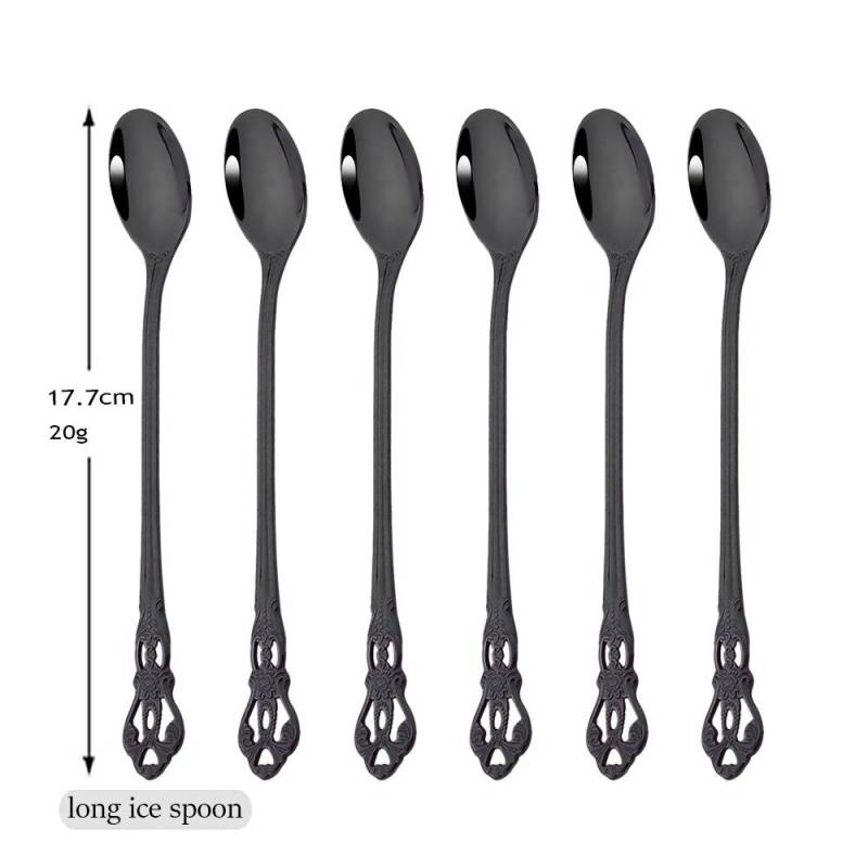 6-teiliges buntes Besteck-Set mit langem Griff, Edelstahl, Rührlöffel, Rührbesteck, Dessert, Kaffee, Eislöffel, Küchengeschirr-Set schwarz von Joom DACH