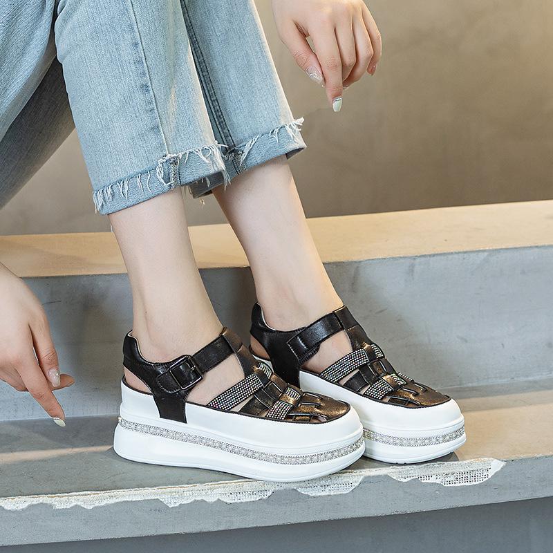 6.5cm Weben Echtes Leder Stiefel Bequem Bling Sommer Plateau Keil Absatz Hohle Flats Atmungsaktive Sandalen Damen Hausschuhe Schuhe 39 schwarz von Joom DACH