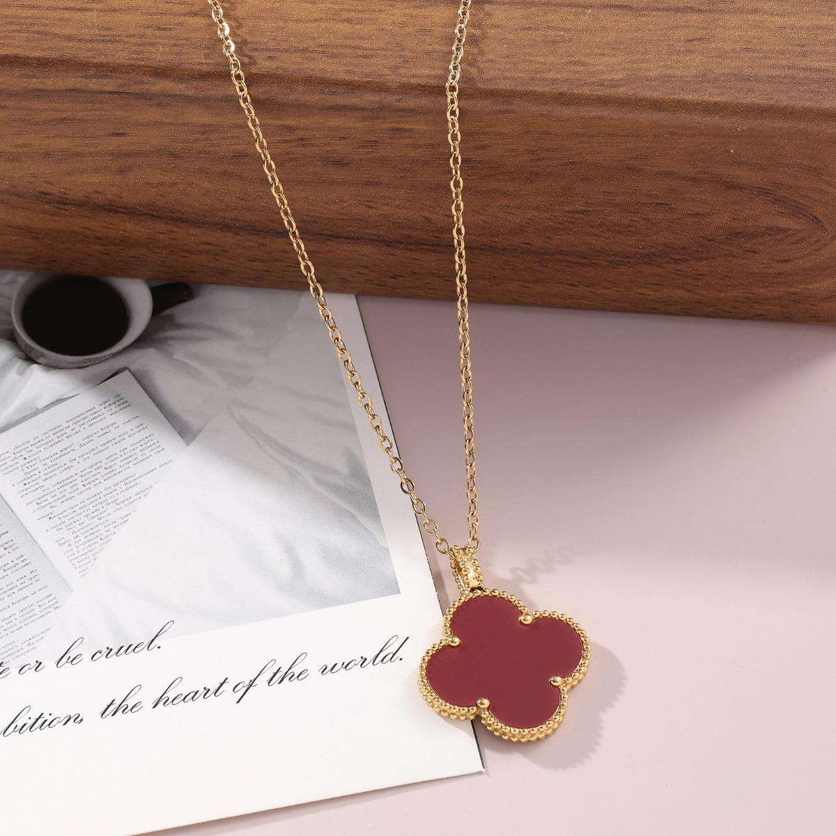 60/90 cm lange, modische Halskette mit vierblättrigem Kleeblatt und einem Anhänger, doppelseitig, für Damen 18K-60cm bordeaux von Joom DACH
