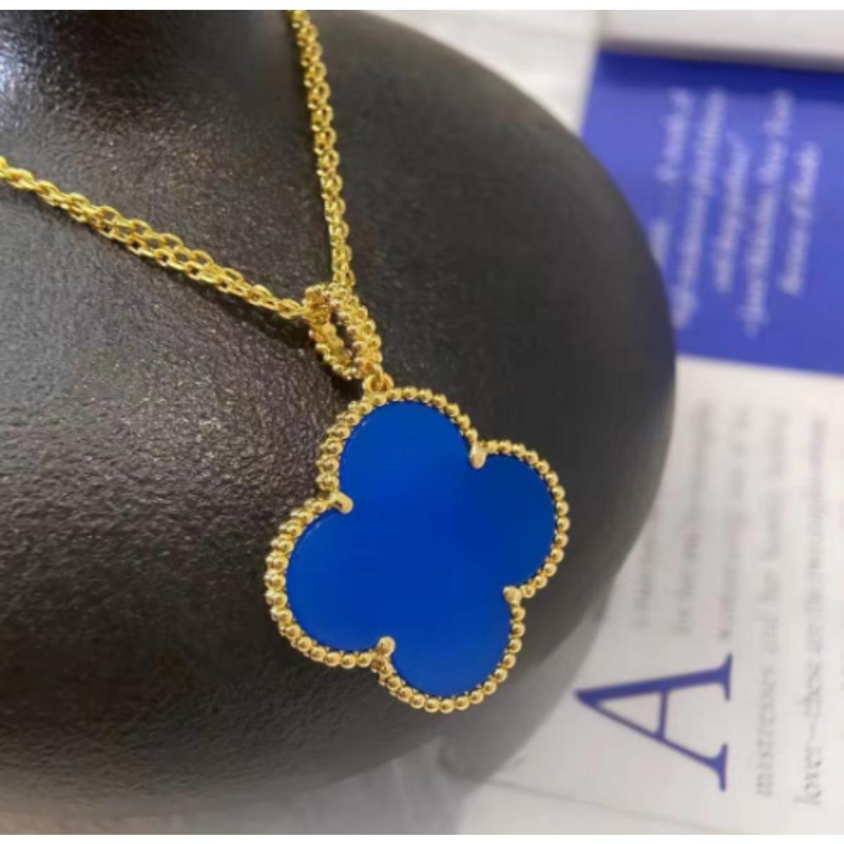 60/90 cm lange, modische Halskette mit vierblättrigem Kleeblatt und einem Anhänger, doppelseitig, für Damen 18K-60cm königsblau von Joom DACH