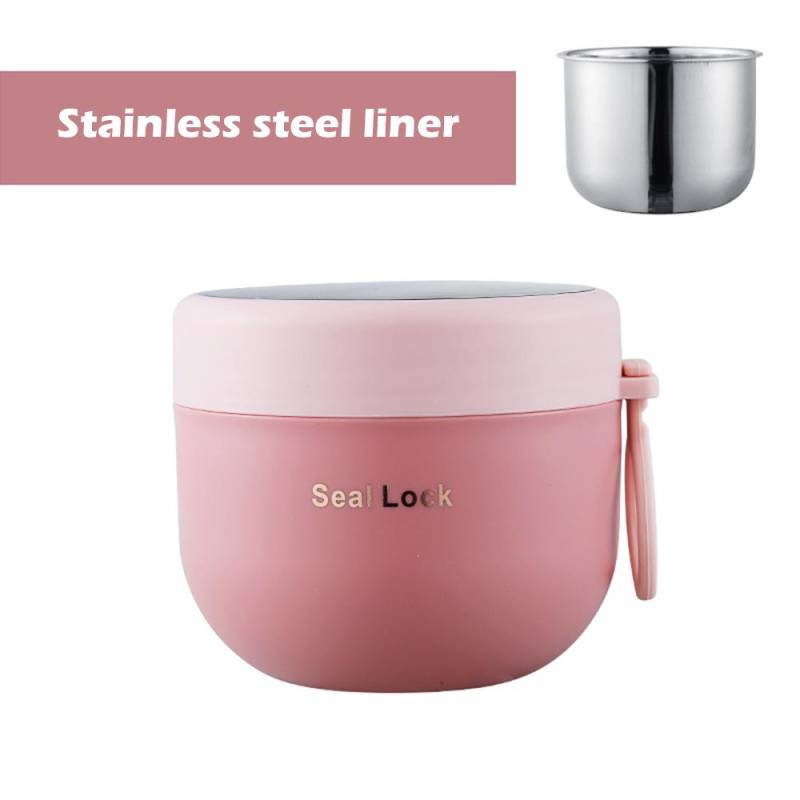 600 ml tragbare Mini-Thermo-Lunchbox, auslaufsicherer Lebensmittelbehälter, Edelstahl-Vakuum-Suppenbecher, isolierte Bento-Box mit Löffel rosa von Joom DACH
