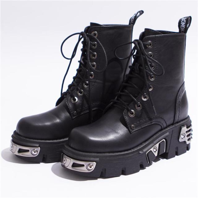 6CM Punk Stil Plattform Frauen Stiefeletten frauen Motorrad Boot Mode Damen Chunky Schuhe Metall Dekor Schwarz 38 schwarz von Joom DACH