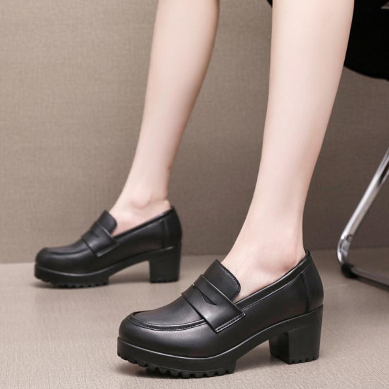 6cm Kleine Größe 32-43 Britischer Stil Weiches Leder Slipper Damen Pumps Herbst Mittelhohe Blockabsätze Schuhe Plateau für Büro Mutterschuh 32 von Joom DACH