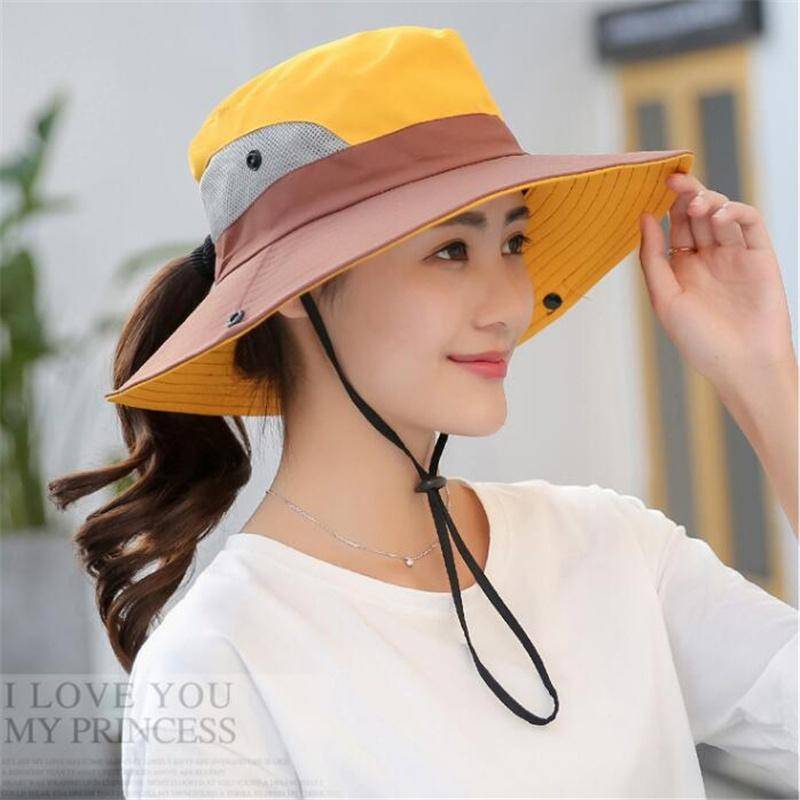 7 Farben Pferdeschwanz Damen Sommer Sonne Eimer Hüte UV Wandern Breite Krempe Strand Faltbare Mesh Angeln Kappe adjustable size gelb von Joom DACH