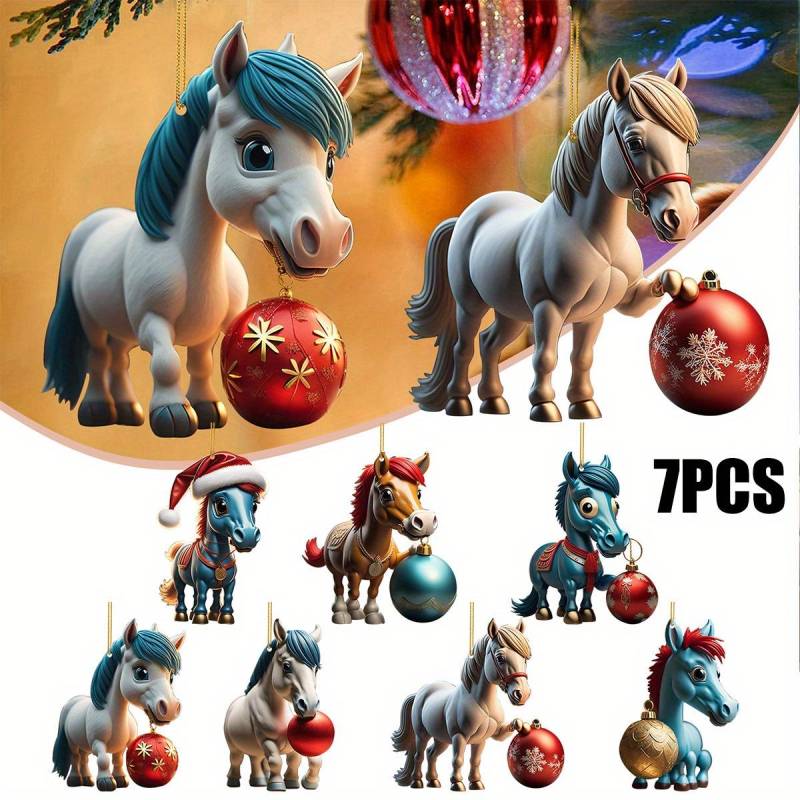 7 Stück, Weihnachten Niedliche Cartoon Pferd Anhänger Ornamente, Doppelseitig bedruckte Acrylornamente, Weihnachtsbaumhänge Dekoration Weihnachtsdekoration 7PCS von Joom DACH