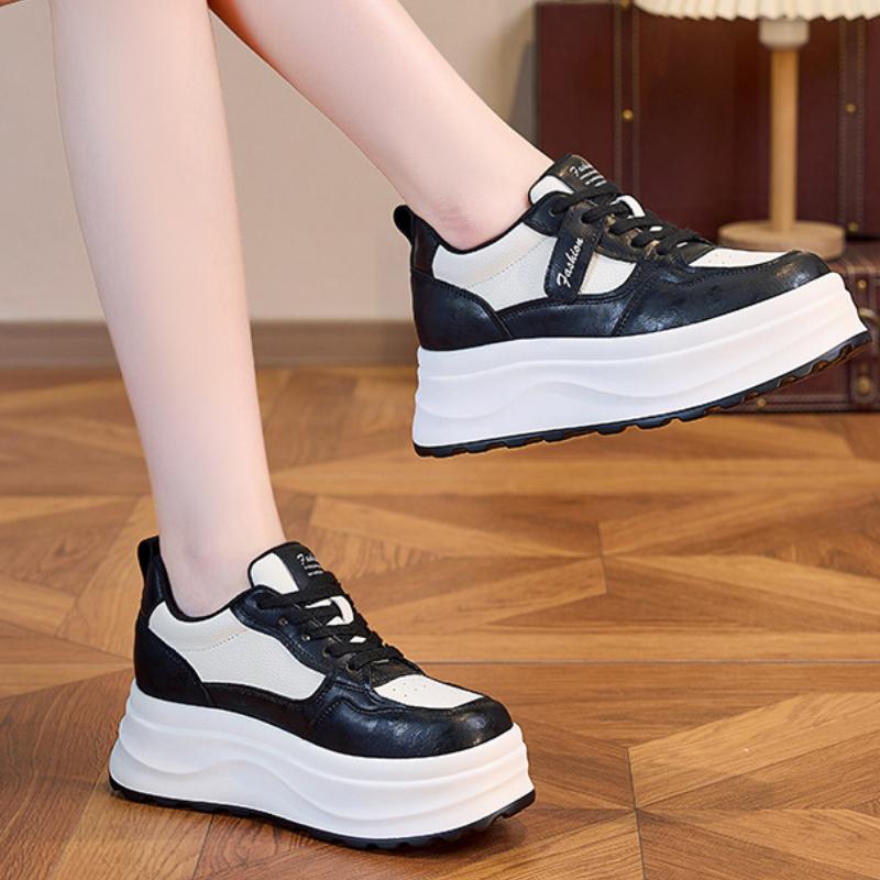 7cm Echtes Leder Plattform Keil Wohnungen Mode Frauen Frühling Herbst Chunky Sneaker Schuhe Atmungsaktiv Komfortable Vulkanisieren 40 schwarz von Joom DACH