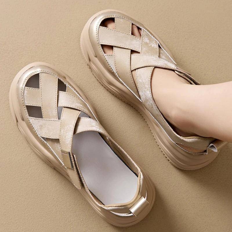 7cm Flache Damen Slipper Pumps Plateau Keilabsatz Haken Kuh Flechtwerk Echtes Synthetisches Leder Sandalen Sommer Hohl Mode Schuh 40 von Joom DACH