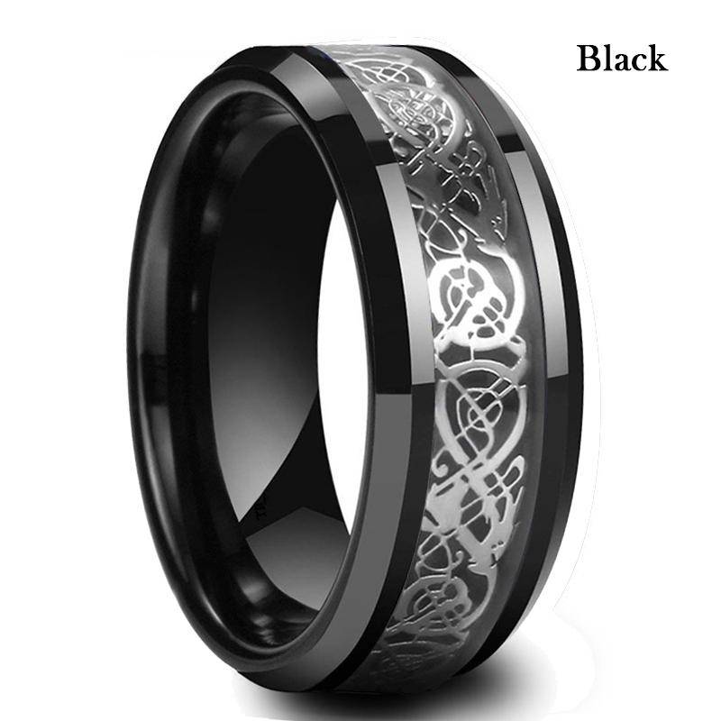8 Farben 8 mm Herren-Edelstahl-Drachenring mit Inlay, Rot, Grün, Schwarz, Kohlefaser-Ring, Ehering, Schmuck, Größe 7–12 7 schwarz von Joom DACH