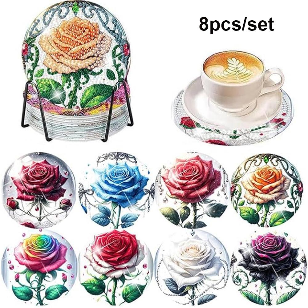 8 Stück/Set Untersetzer mit Diamant-Blumenmuster, DIY Untersetzer mit Halter, Geeignet für Anfänger und Erwachsene, Kunst- und Bastelbedarf Geschenke 8PCS/Set von Joom DACH