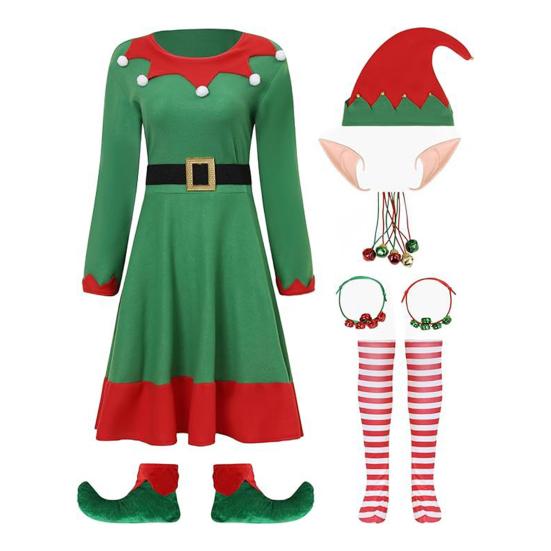 8-teiliges Damen Weihnachts-Elf-Kostümset Grünes Weihnachts-Kleid Festliches Outfit mit Elfenohren Hut Schuhe Gürtel Gestreifte Socken M grün von Joom DACH