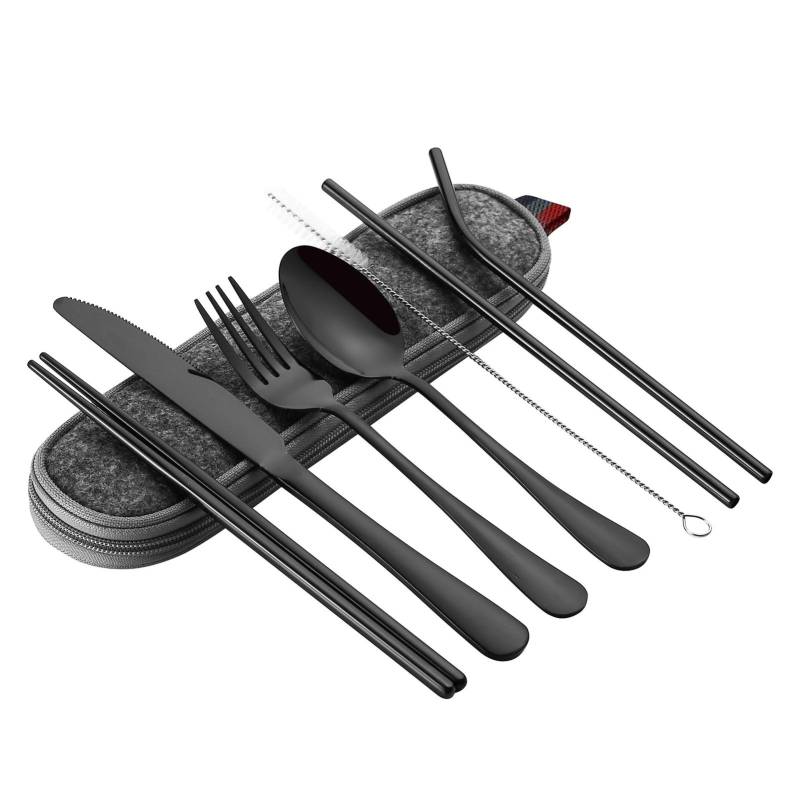 8-teiliges Edelstahl Besteckset Tragbares Reisebesteckset mit Etui Essstäbchen Messer Gabel von Joom DACH