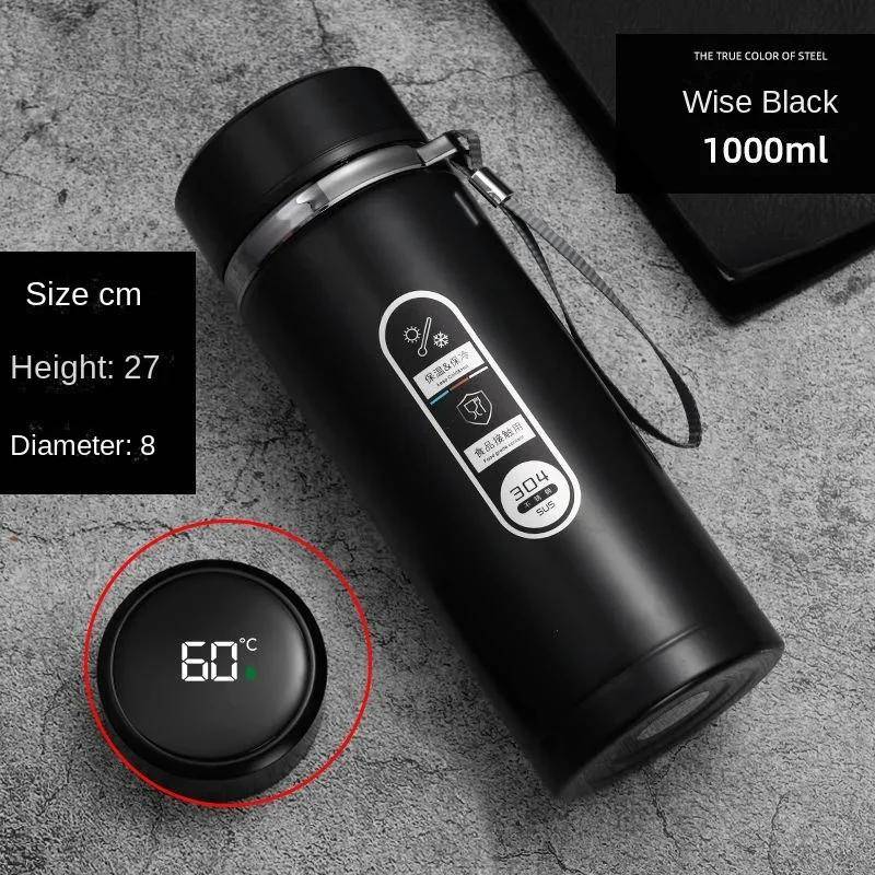 800ML-1L Edelstahl Thermosflasche mit LED Temperaturanzeige Teewasserflasche Vakuumflasche Tragbare Becher Wasserflasche 500ML schwarz von Joom DACH