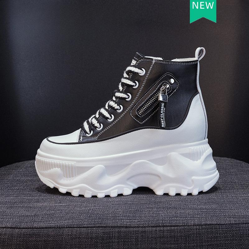 8CM Echtes Leder Frauen Chunky Sneaker Frühling Herbst Winter Plüsch Warme Casual Ankle Booties Plattform Keil Neue Mode Schuhe 39 schwarz von Joom DACH