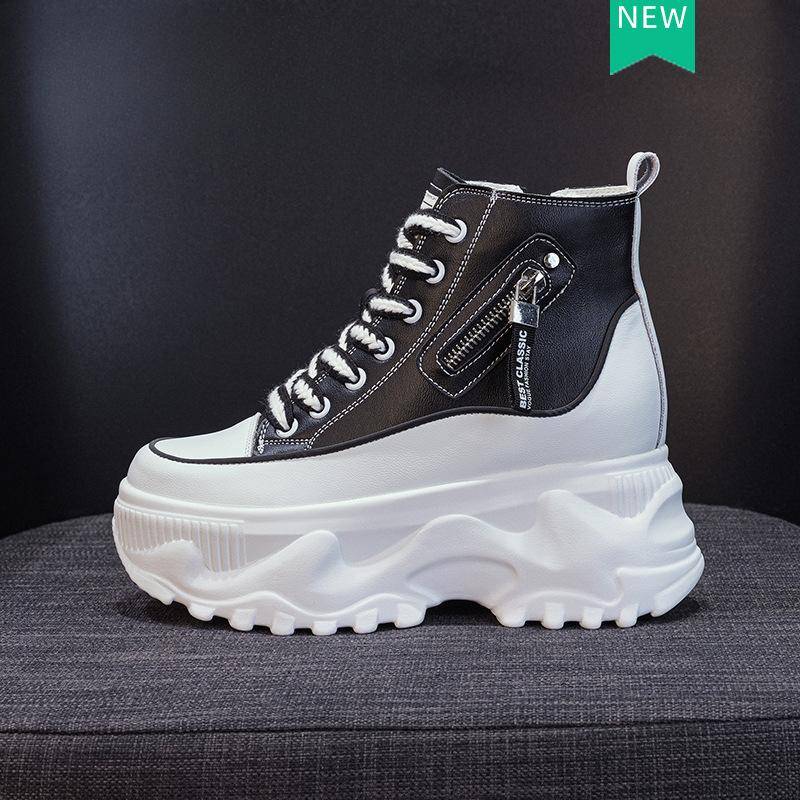 8CM Echtes Leder Frauen Chunky Sneaker Frühling Herbst Winter Plüsch Warme Casual Ankle Booties Plattform Keil Neue Mode Schuhe 39 schwarz von Joom DACH