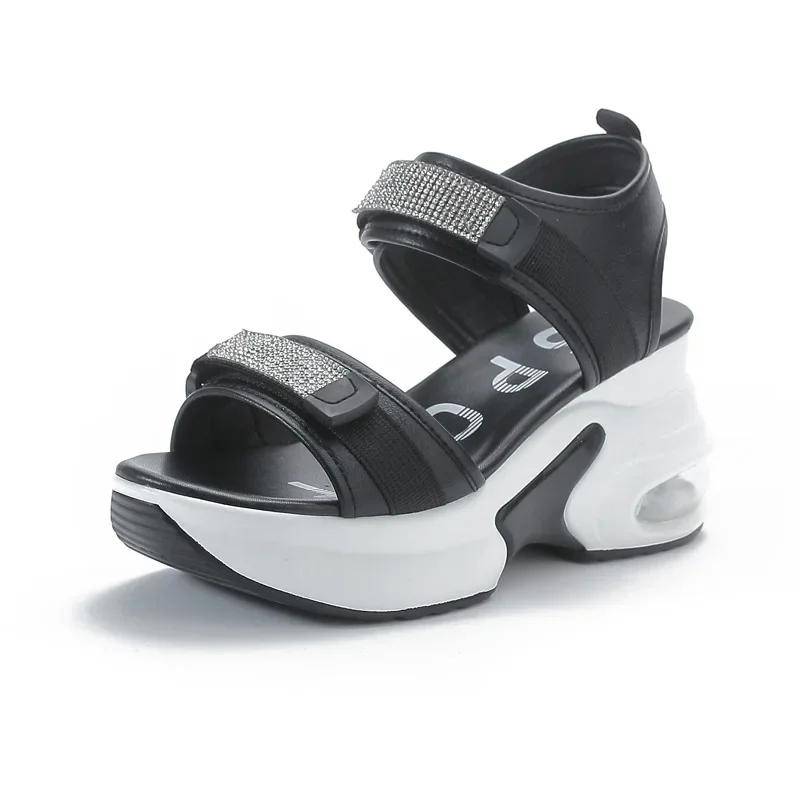 8cm Echtes Leder Damen Sommer Sandalen Lässig Klettverschluss Damen High Heels Sandalen Sommer Schuhe Gummisohle Damen Sandale 39 schwarz von Joom DACH