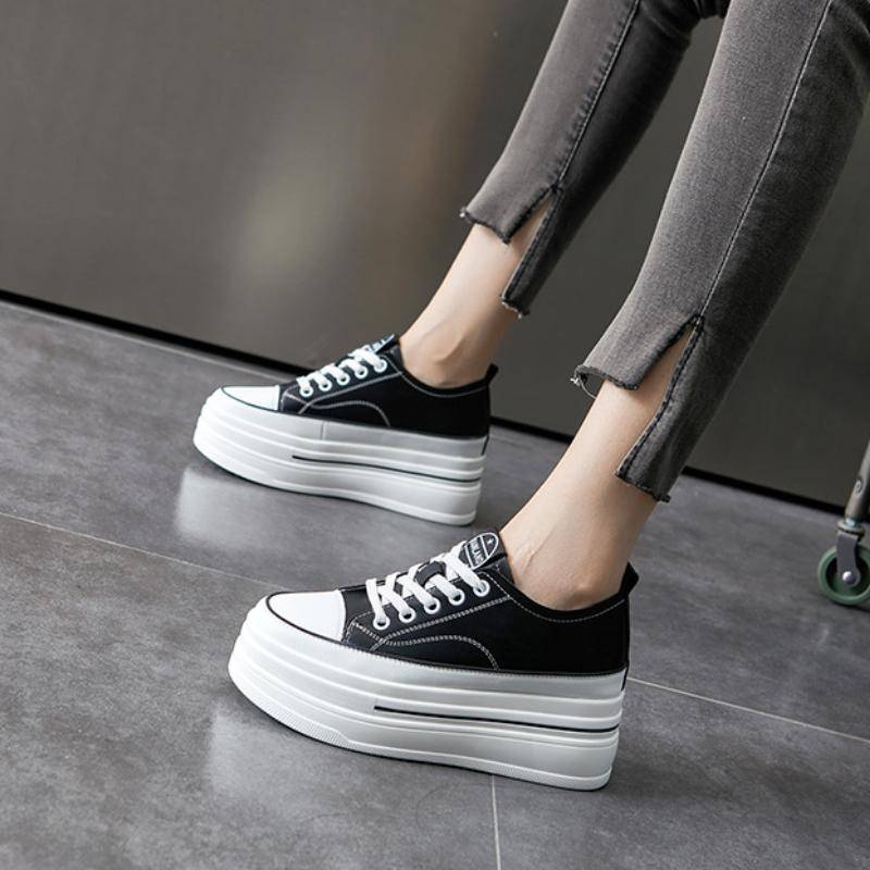 8cm Echtes Leder Vulkanisiert Sommer Hochbequem Frühling Herbst Plateau Vulkanisiert Damen Klobiger Sneaker Loafer Schuhe 38 schwarz von Joom DACH