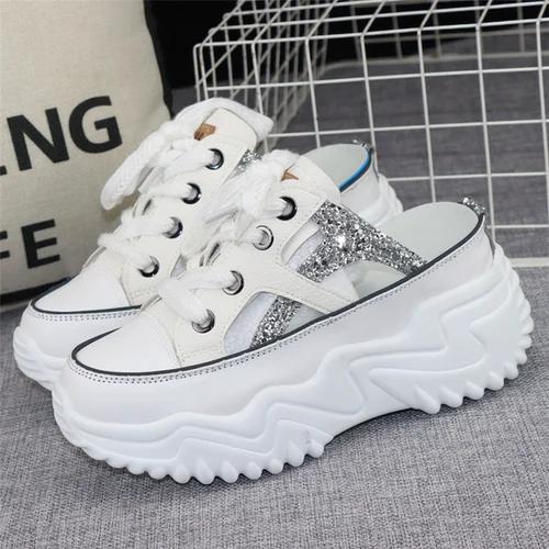 8cm Neue Glitter Leder Frauen Chunky Sneakers Plattform Keil Atmungsaktive Hausschuhe Komfortable Hohl Sommer Schuhe 40 weiß von Joom DACH