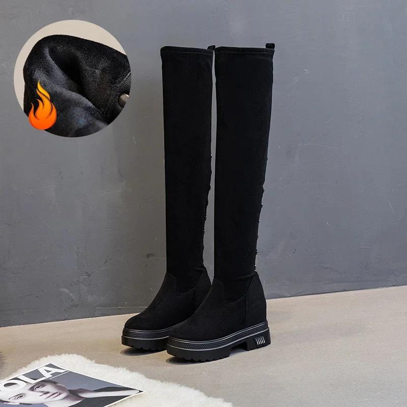 9,5 cm Stretch-Stoff-Plateau-Keilsocke, kniehoch, Plüsch-Winter-Strickstiefel für Damen, Herbst/Frühling, Slip-on-Schuhe aus Mikrofaser 39 von Joom DACH